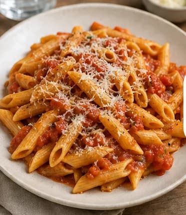 Talerz penne w sosie pomidorowym z tartym serem