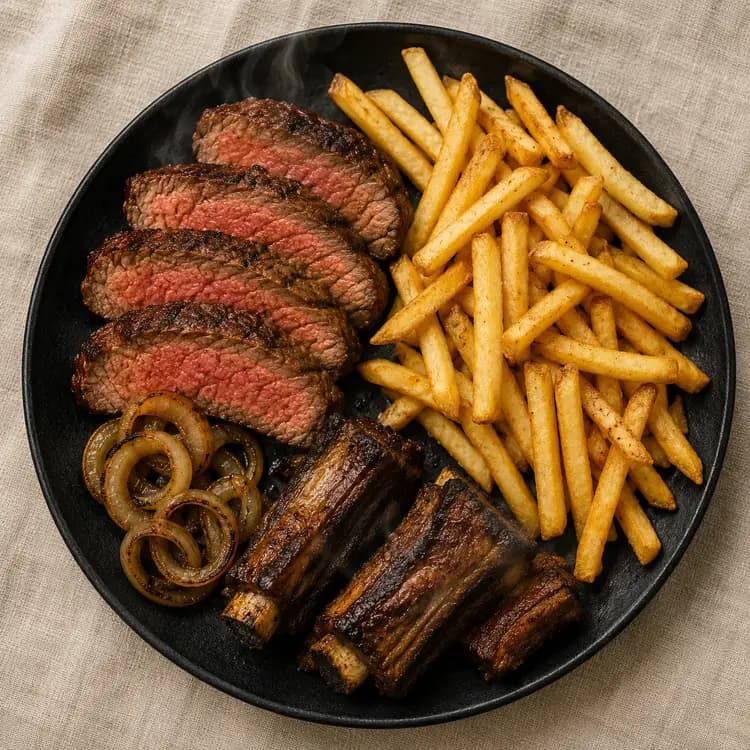 Mieszany grill wołowy z frytkami i cebulą — talerz na lnianym obrusie